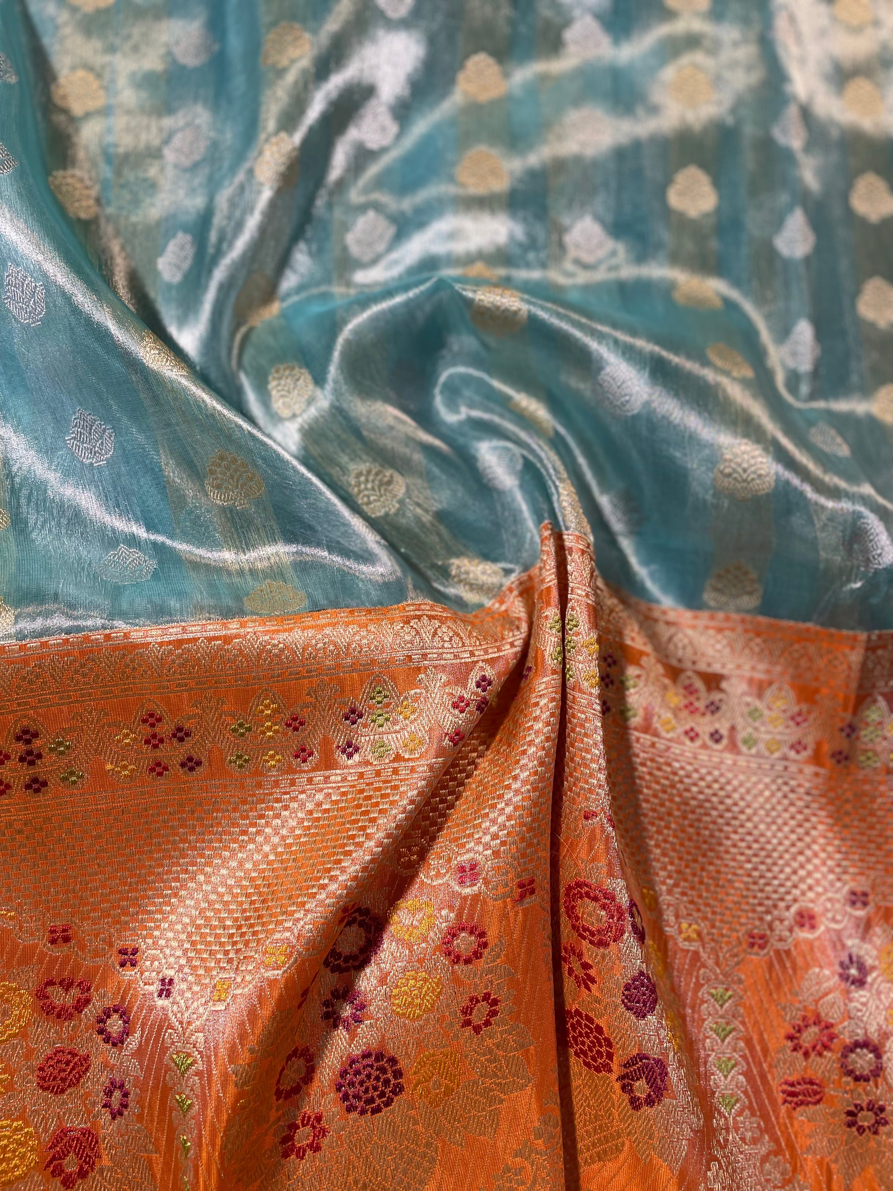Blue Pure Tissue Kora Saree With Contrast Border with Meenakari