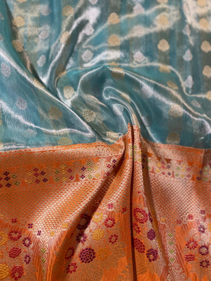 Blue Pure Tissue Kora Saree With Contrast Border with Meenakari