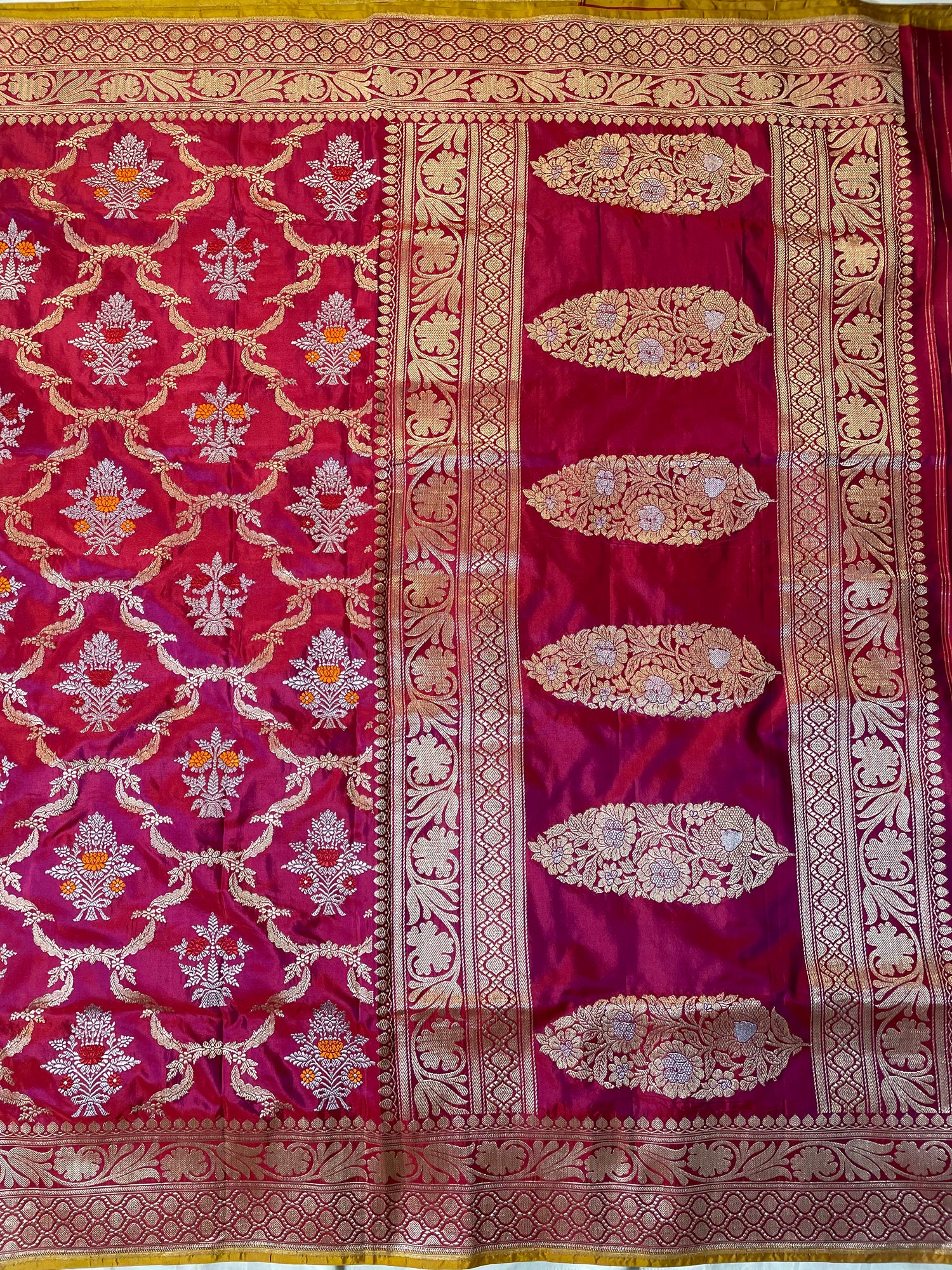 Burgundy Handloom Pure Silk Kadhua Jangla Banarasi Saree