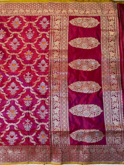 Burgundy Handloom Pure Silk Kadhua Jangla Banarasi Saree