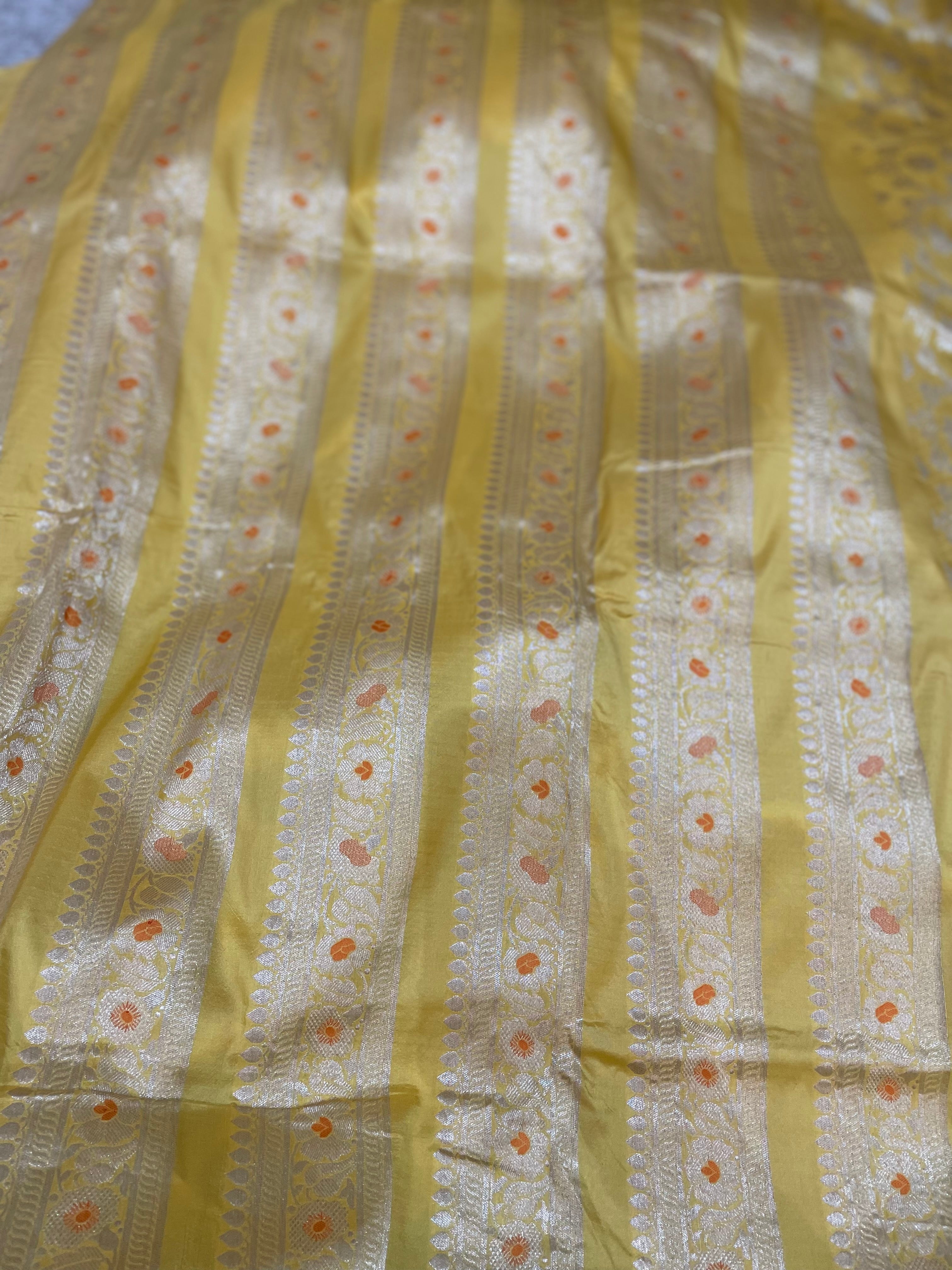 Aarohi Yellow Handwoven Pure Silk Banarasi Lehenga with Meenakari