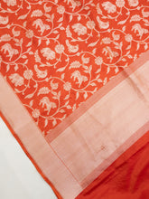 Load image into Gallery viewer, Orange Handwoven Shikargah Jaal Pure Silk Banarasi Dupatta
