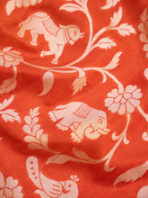 Load image into Gallery viewer, Orange Handwoven Shikargah Jaal Pure Silk Banarasi Dupatta
