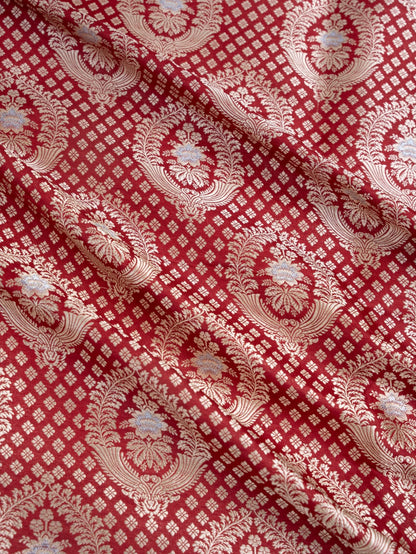 Red Handwoven Brocade Jangla Pure Silk Fabric