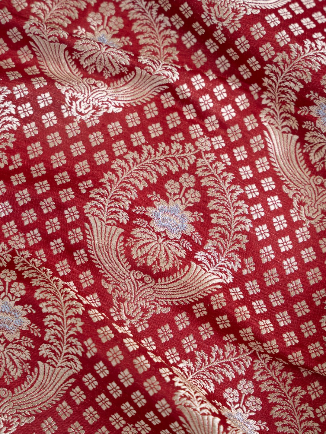 Red Handwoven Brocade Jangla Pure Silk Fabric