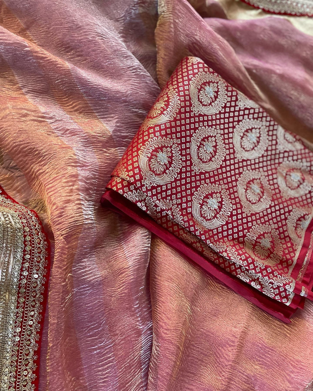 Pink Pure Crush Tissue Silk Banarasi Saree with Embellished Border