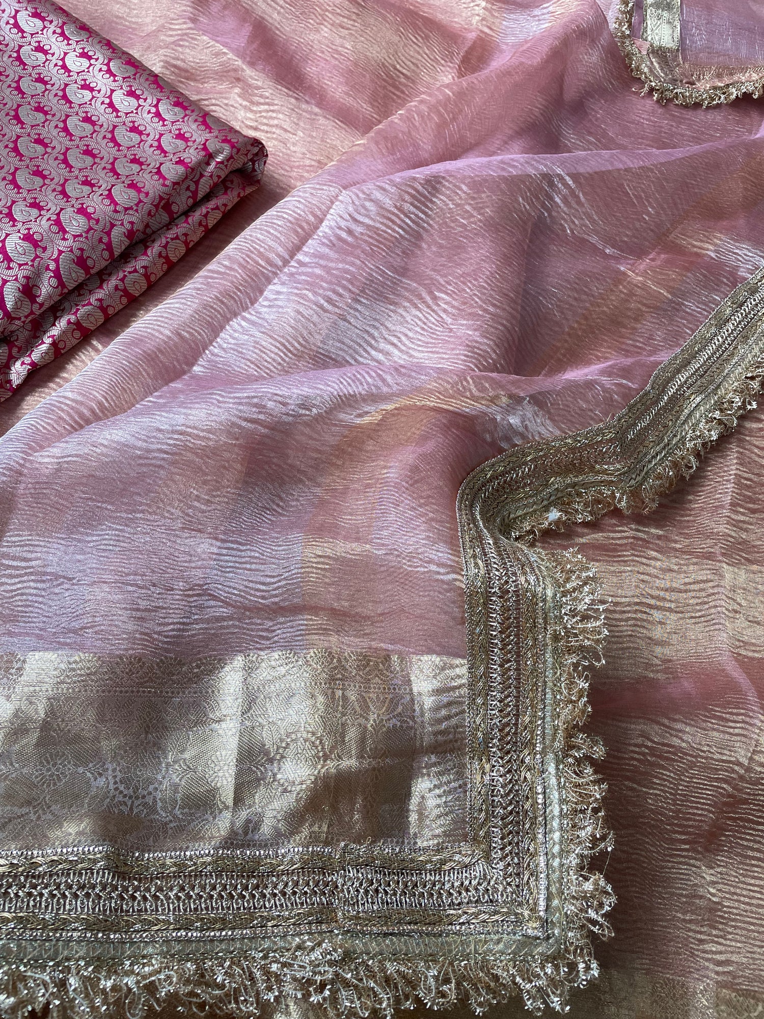 Pink Pure Crush Tissue Silk Banarasi Saree with Embellished Border