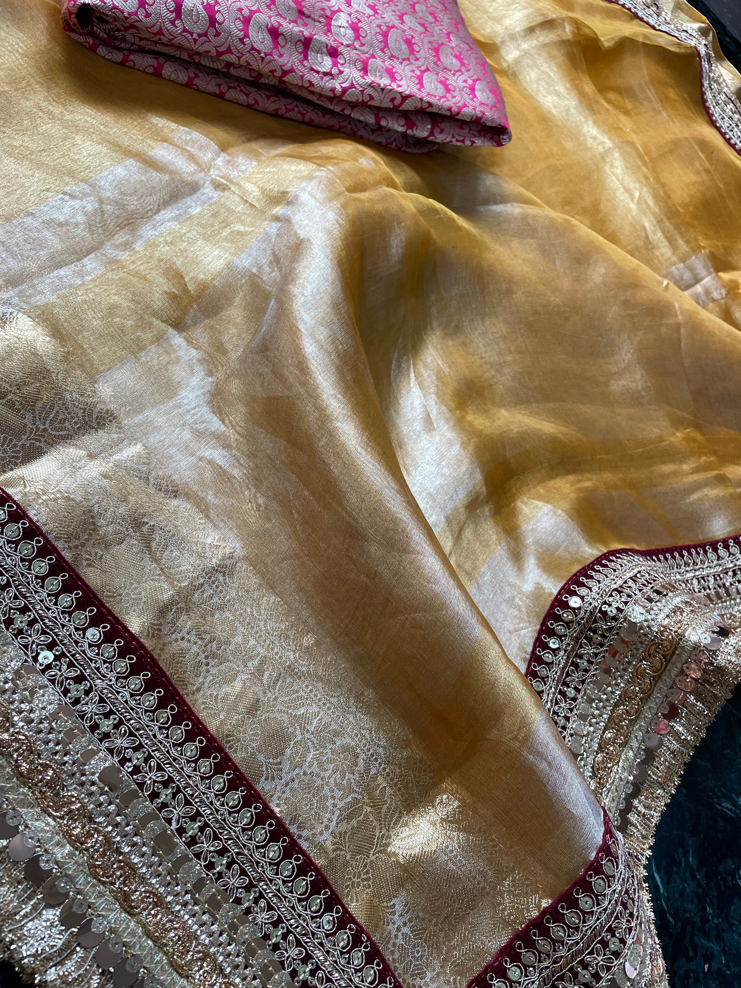 Yellow Gold Pure Tissue Silk Banarasi Saree with Embellished Border