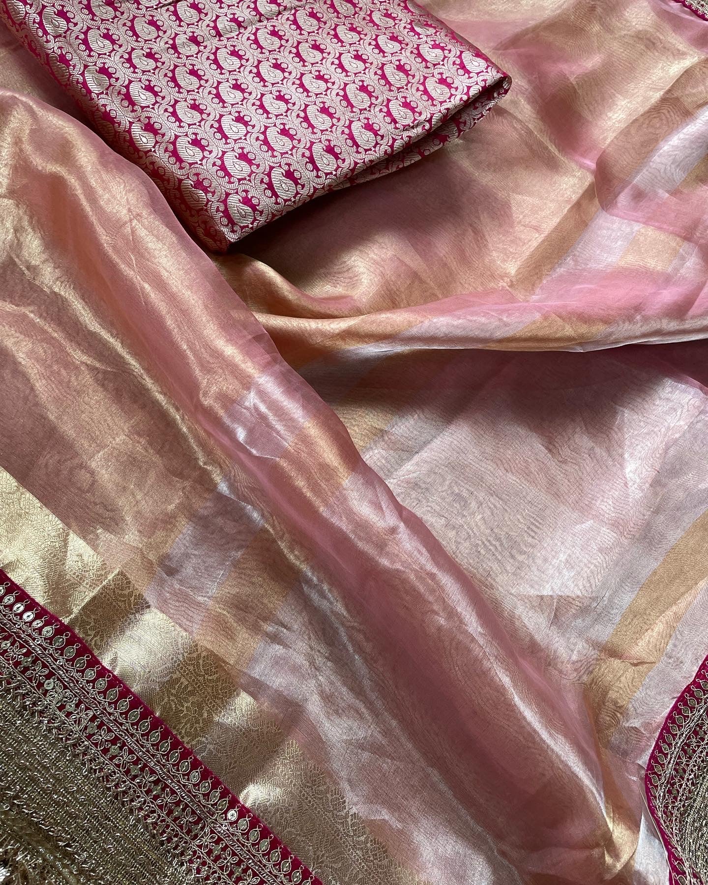 Pink Pure Tissue Silk Banarasi Saree with Embellished Border