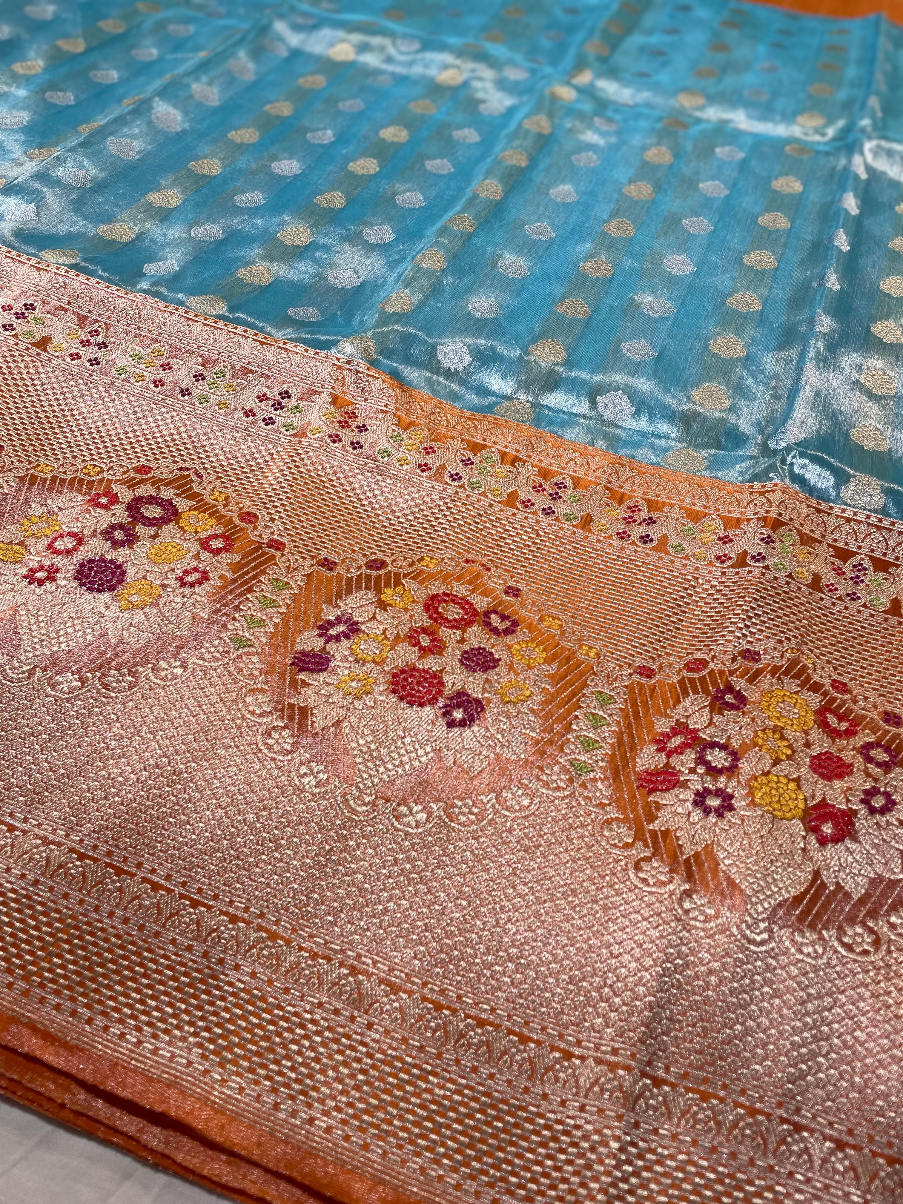 Blue Pure Tissue Kora Saree With Contrast Border with Meenakari