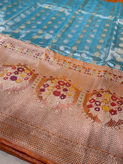 Blue Pure Tissue Kora Saree With Contrast Border with Meenakari