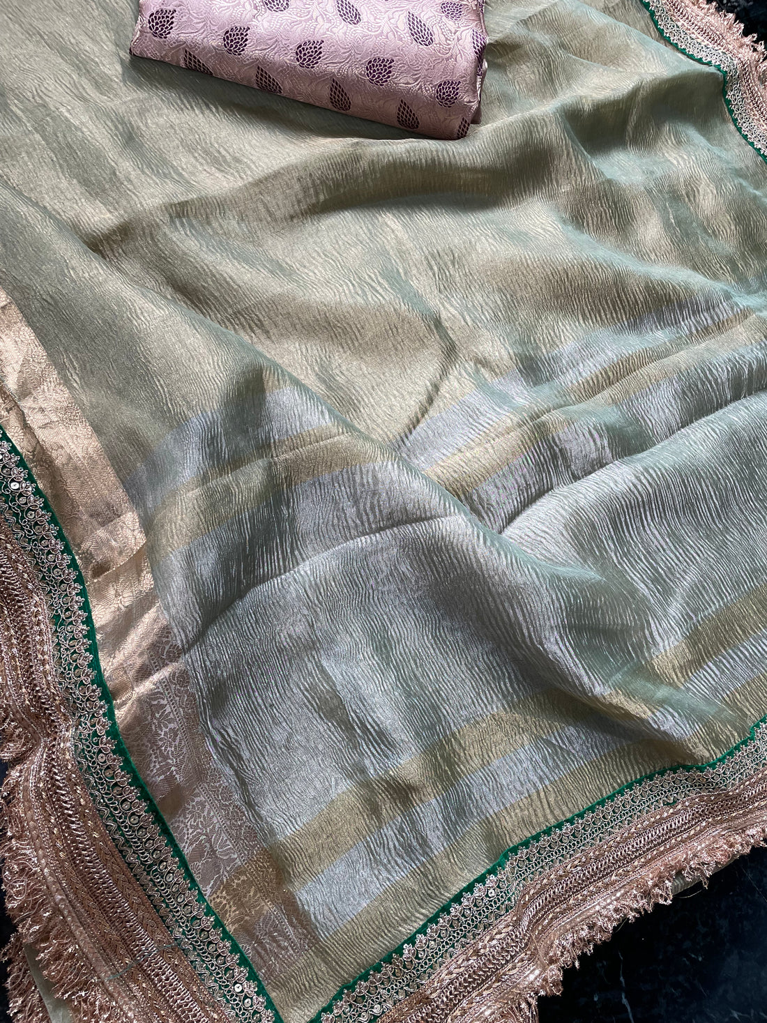 Green Pure Crush Tissue Silk Banarasi Saree with Embellished Border