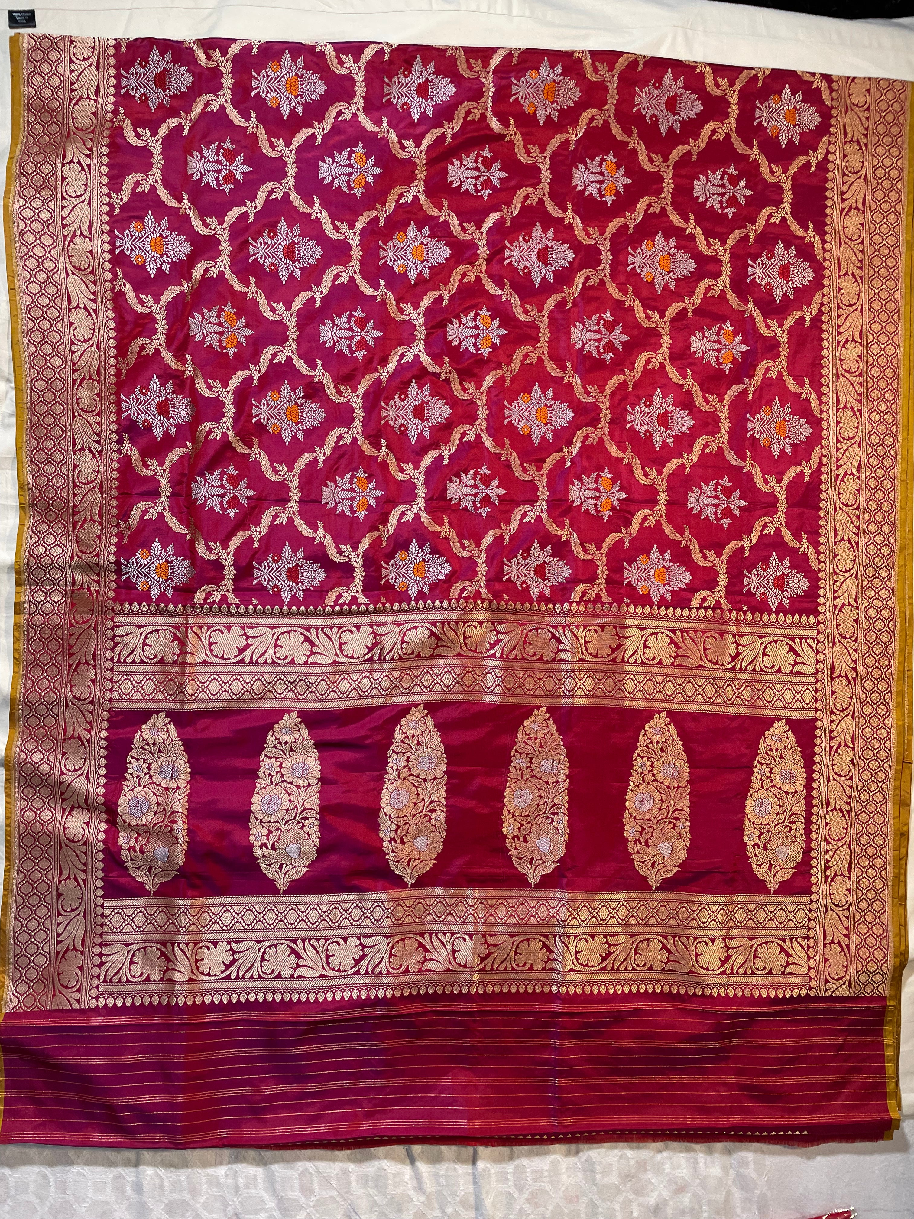Burgundy Handloom Pure Silk Kadhua Jangla Banarasi Saree