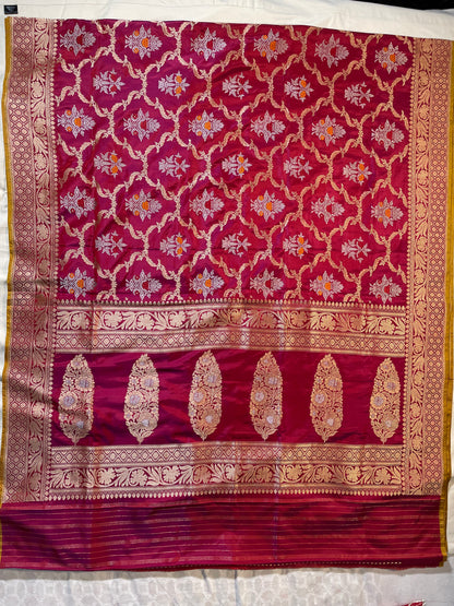 Burgundy Handloom Pure Silk Kadhua Jangla Banarasi Saree