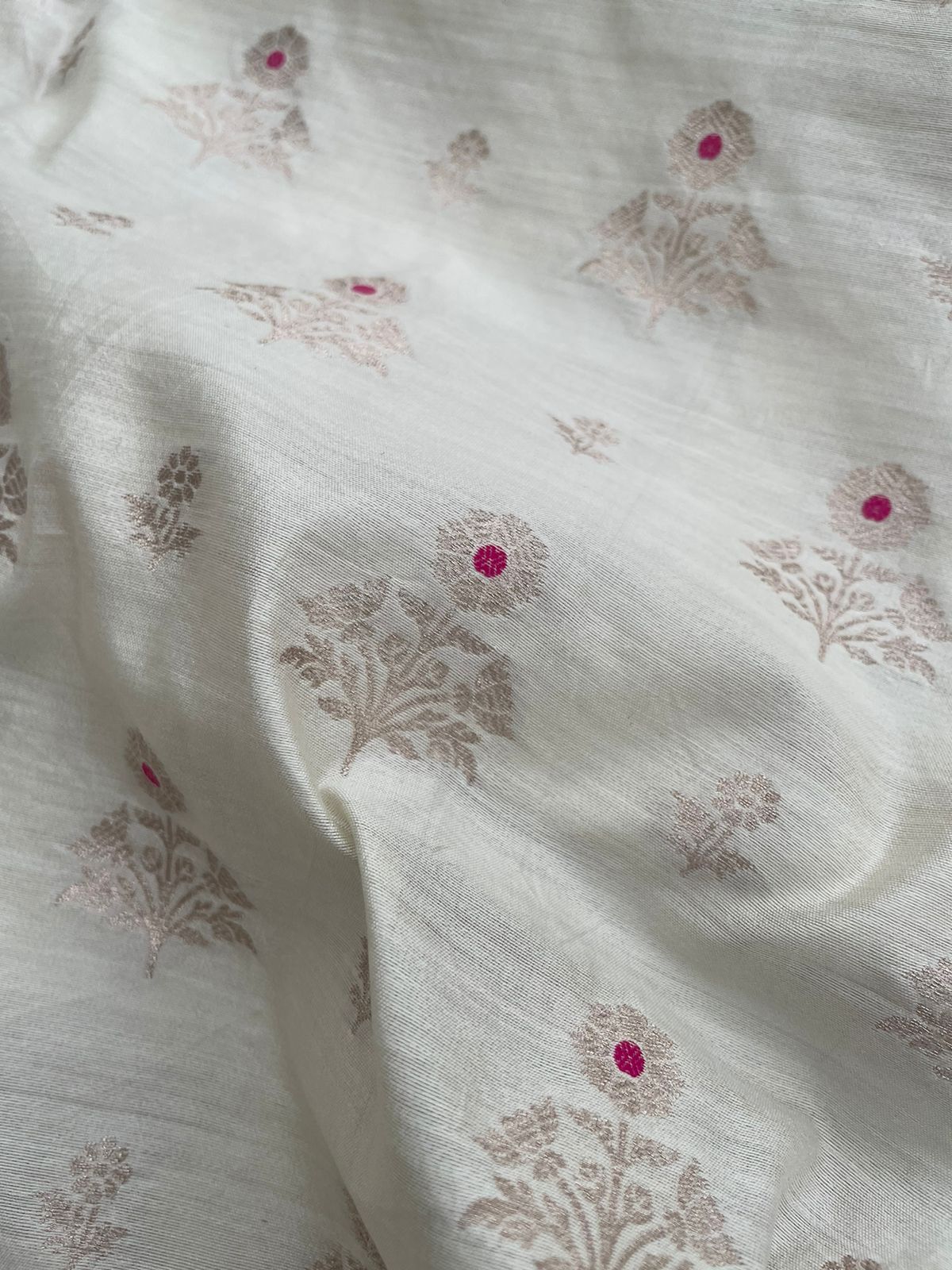 White Pure Chiniya Silk Fabric with Meenakari