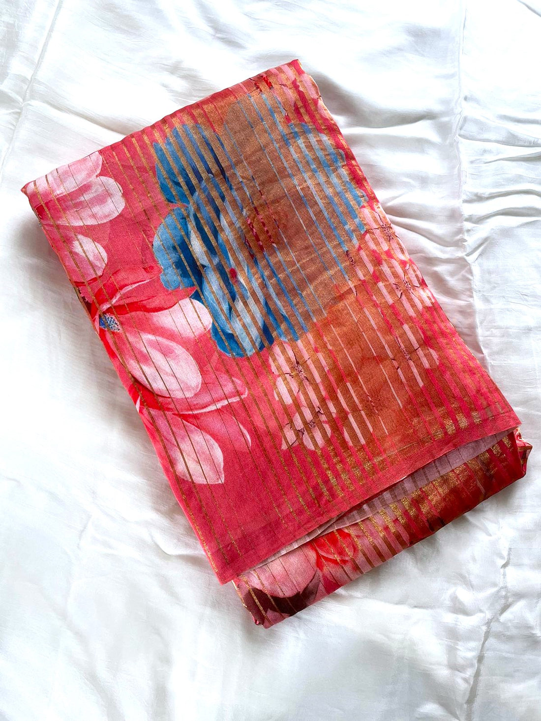 Pink Striped Tissue Chiniya Printed Saree