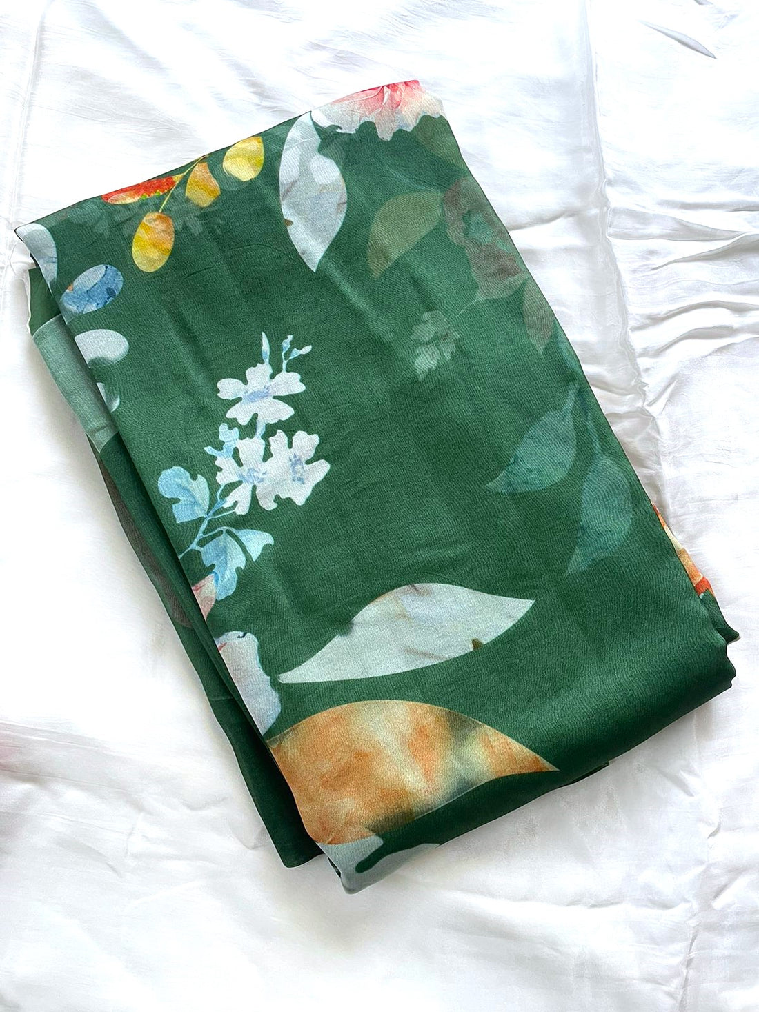 Green Satin Organza Printed Half Half Saree