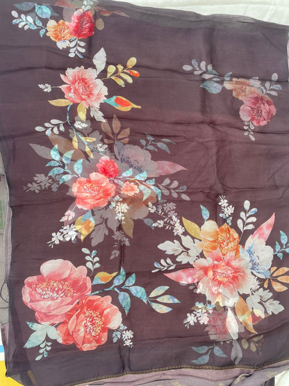 Wine Satin Organza Printed Half Half Saree