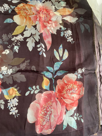 Wine Satin Organza Printed Half Half Saree