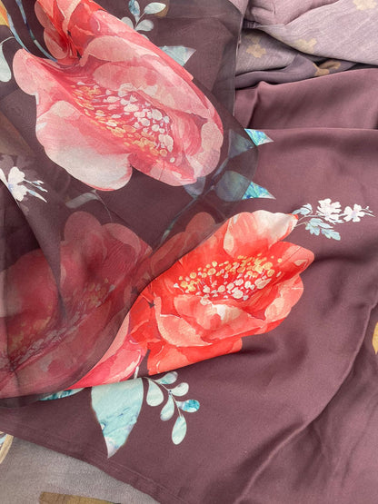 Wine Satin Organza Printed Half Half Saree