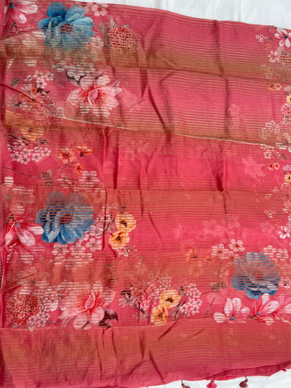 Pink Striped Tissue Chiniya Printed Saree
