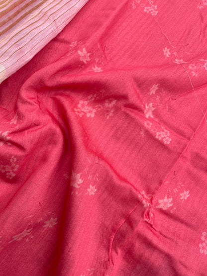 Pink Striped Tissue Chiniya Printed Saree