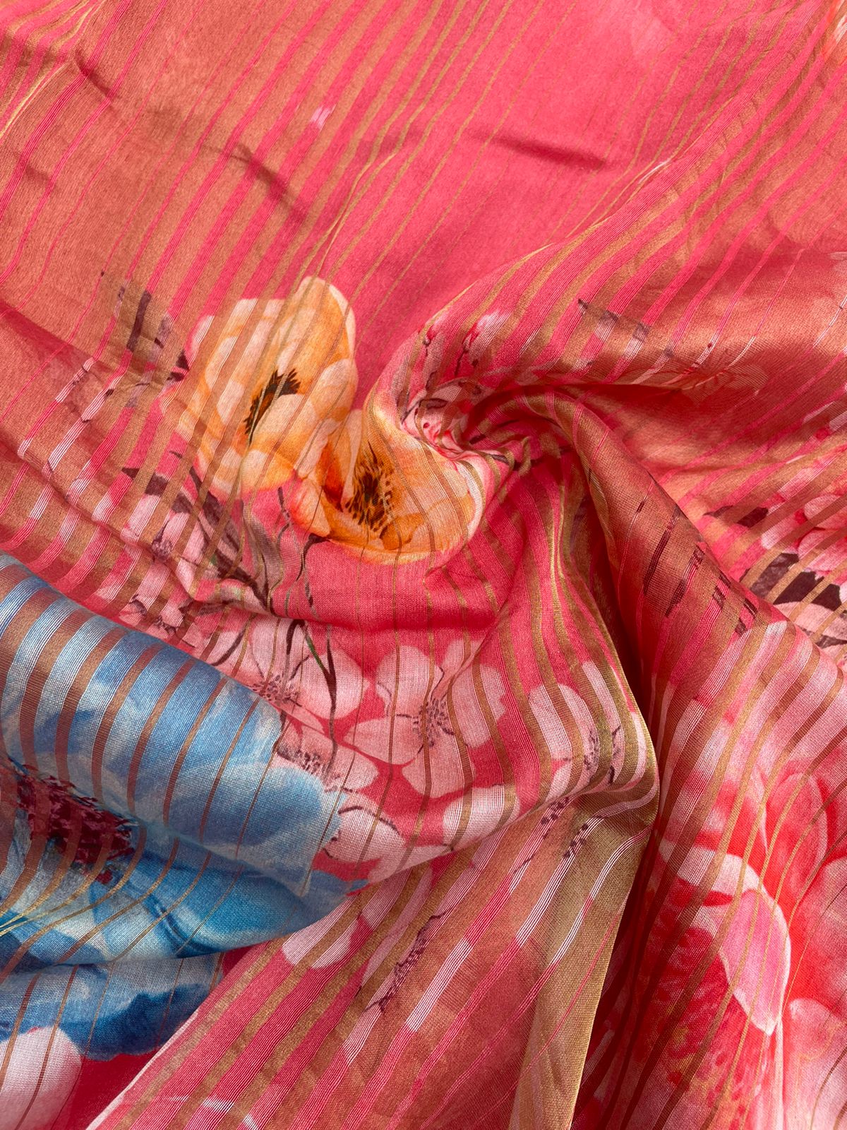 Pink Striped Tissue Chiniya Printed Saree