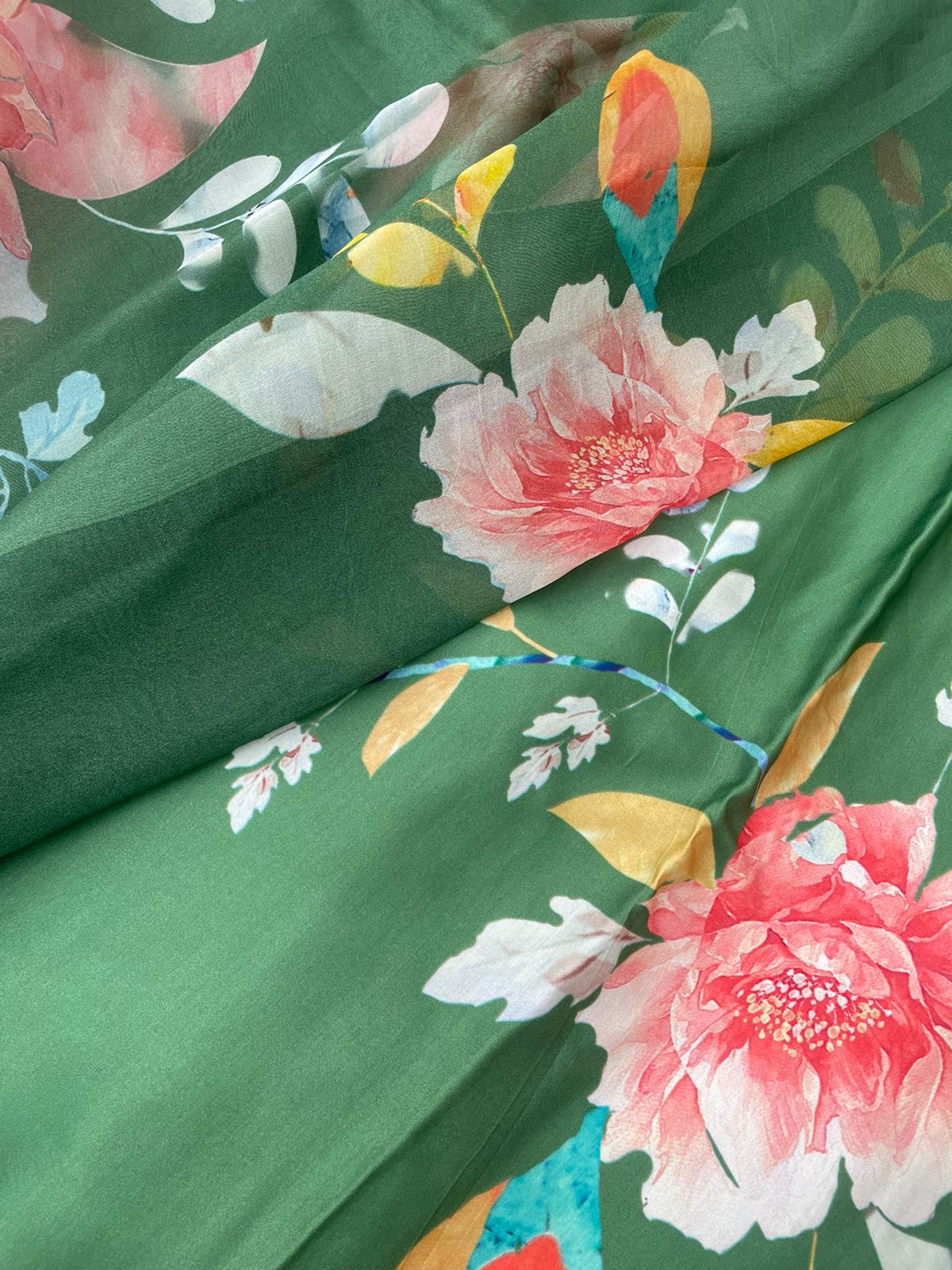 Green Satin Organza Printed Half Half Saree