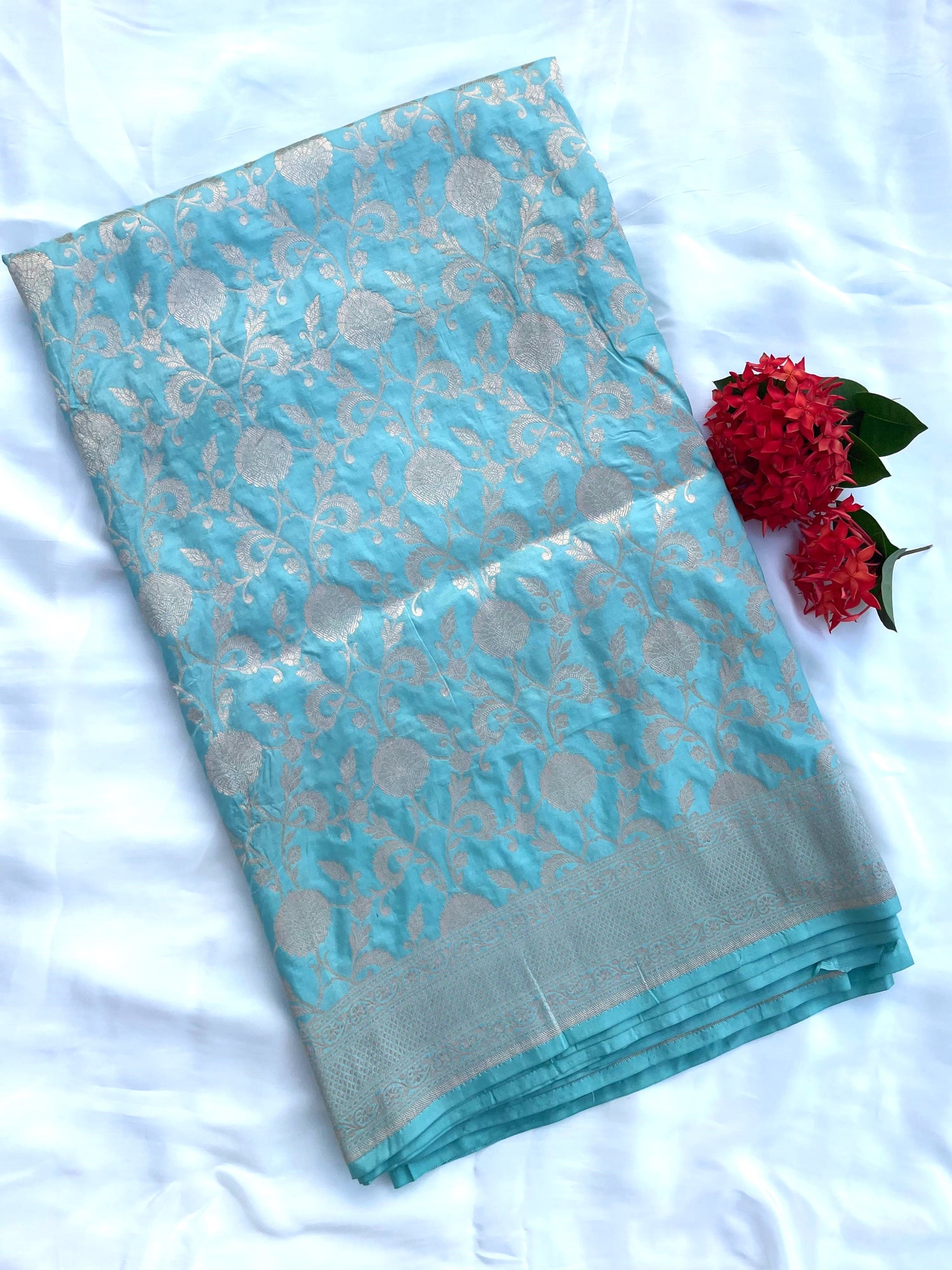 Light Blue Handloom Banarasi Pure Silk Jangla Saree
