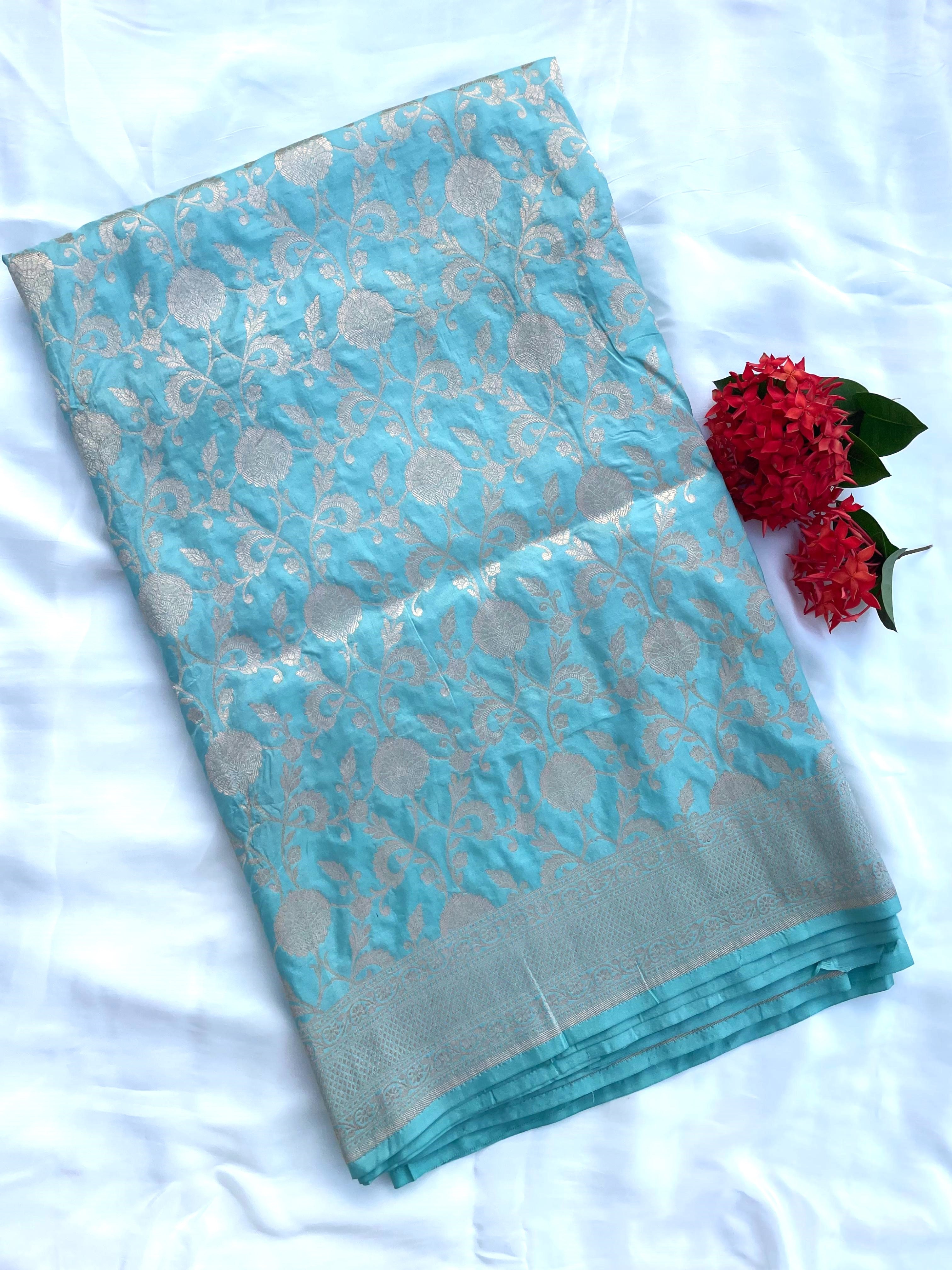 Light Blue Handloom Banarasi Pure Silk Jangla Saree
