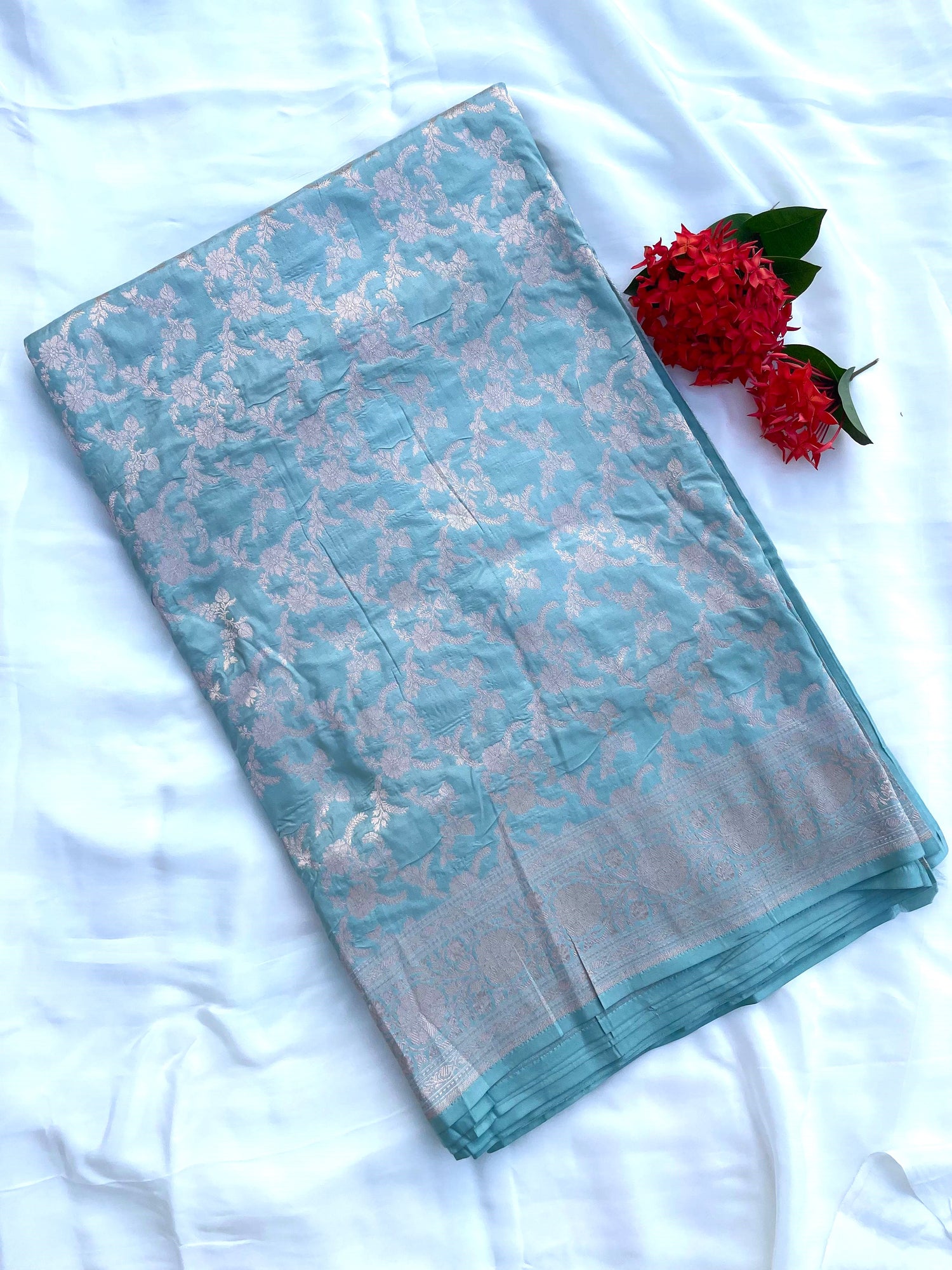 Light Blue Handloom Banarasi Pure Silk Jangla Saree