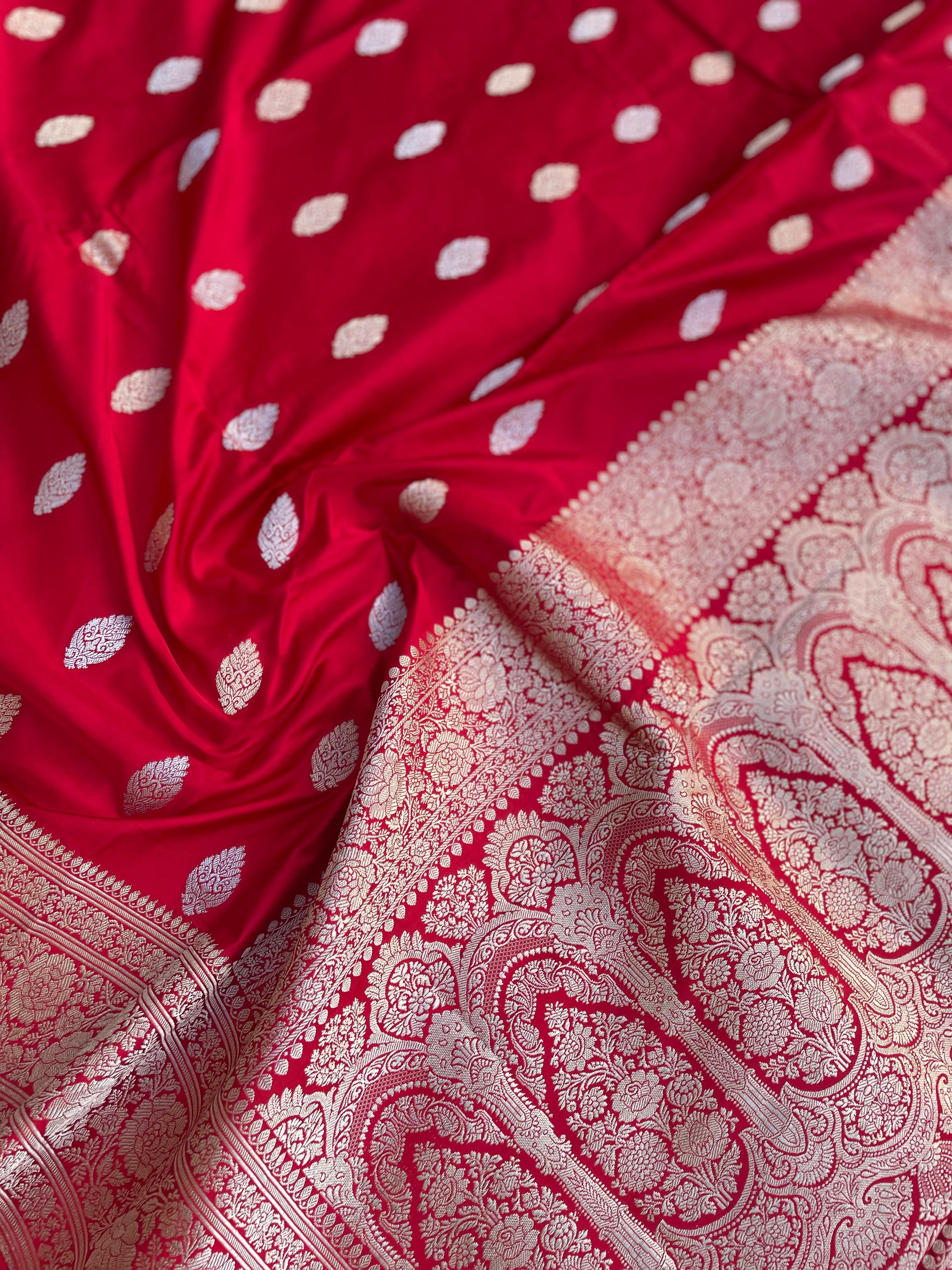 Red Handloom Satin Silk Banarasi Kadhua Silk Saree