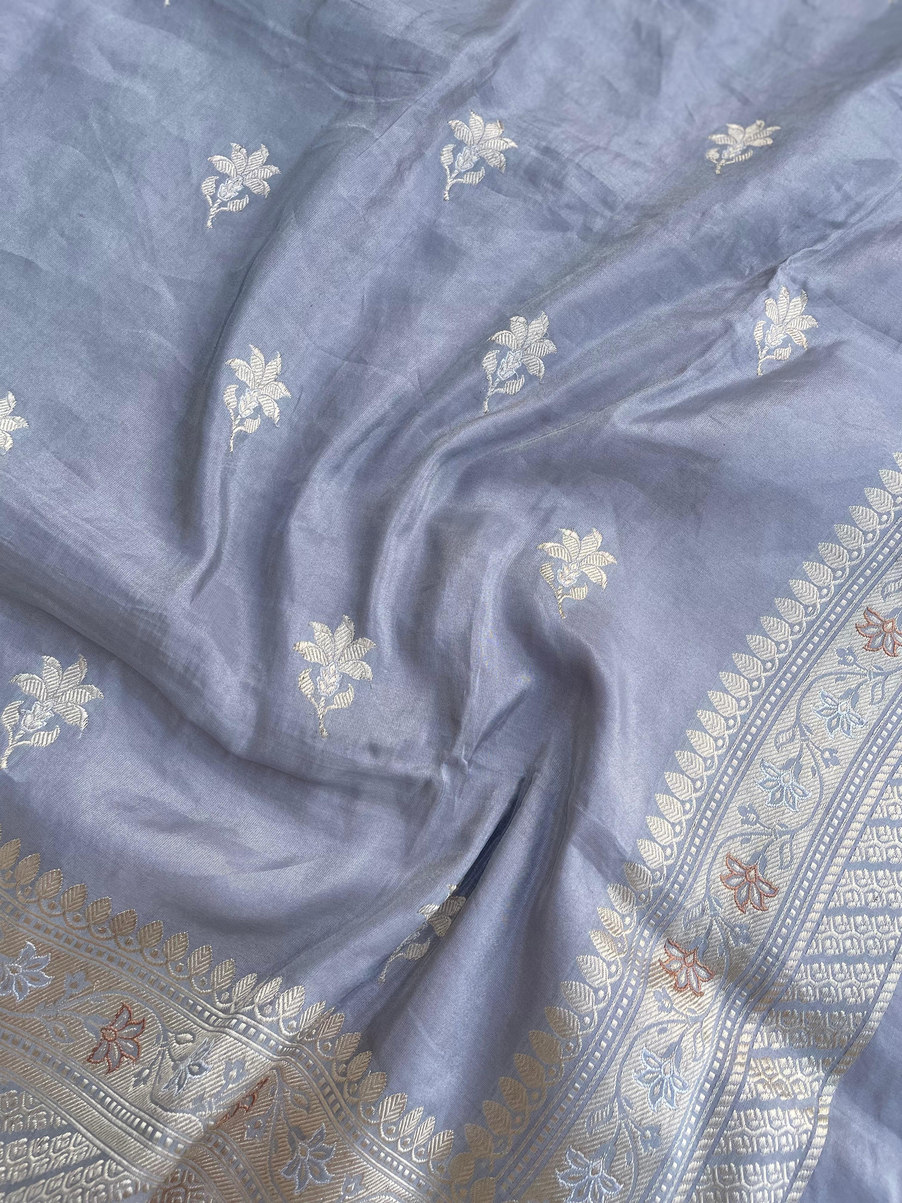 Gray Handloom Banarasi Pure Tissue Silk Kadhua Saree