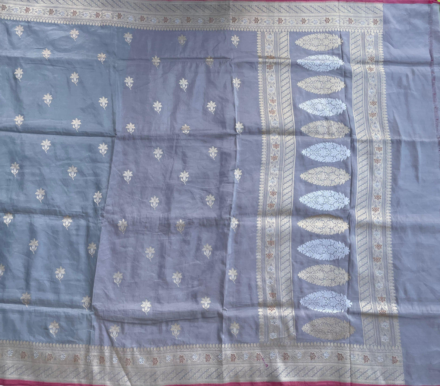Gray Handloom Banarasi Pure Tissue Silk Kadhua Saree