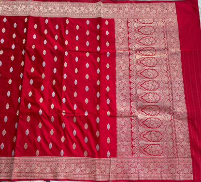Red Handloom Satin Silk Banarasi Kadhua Silk Saree