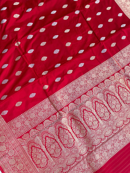 Red Handloom Satin Silk Banarasi Kadhua Silk Saree