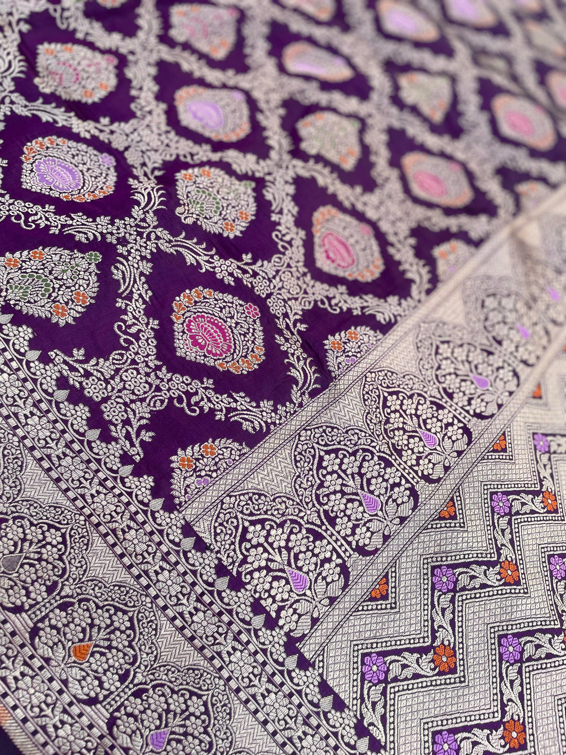 Purple Handloom Banarasi Pure Silk Minakari Jangla Saree