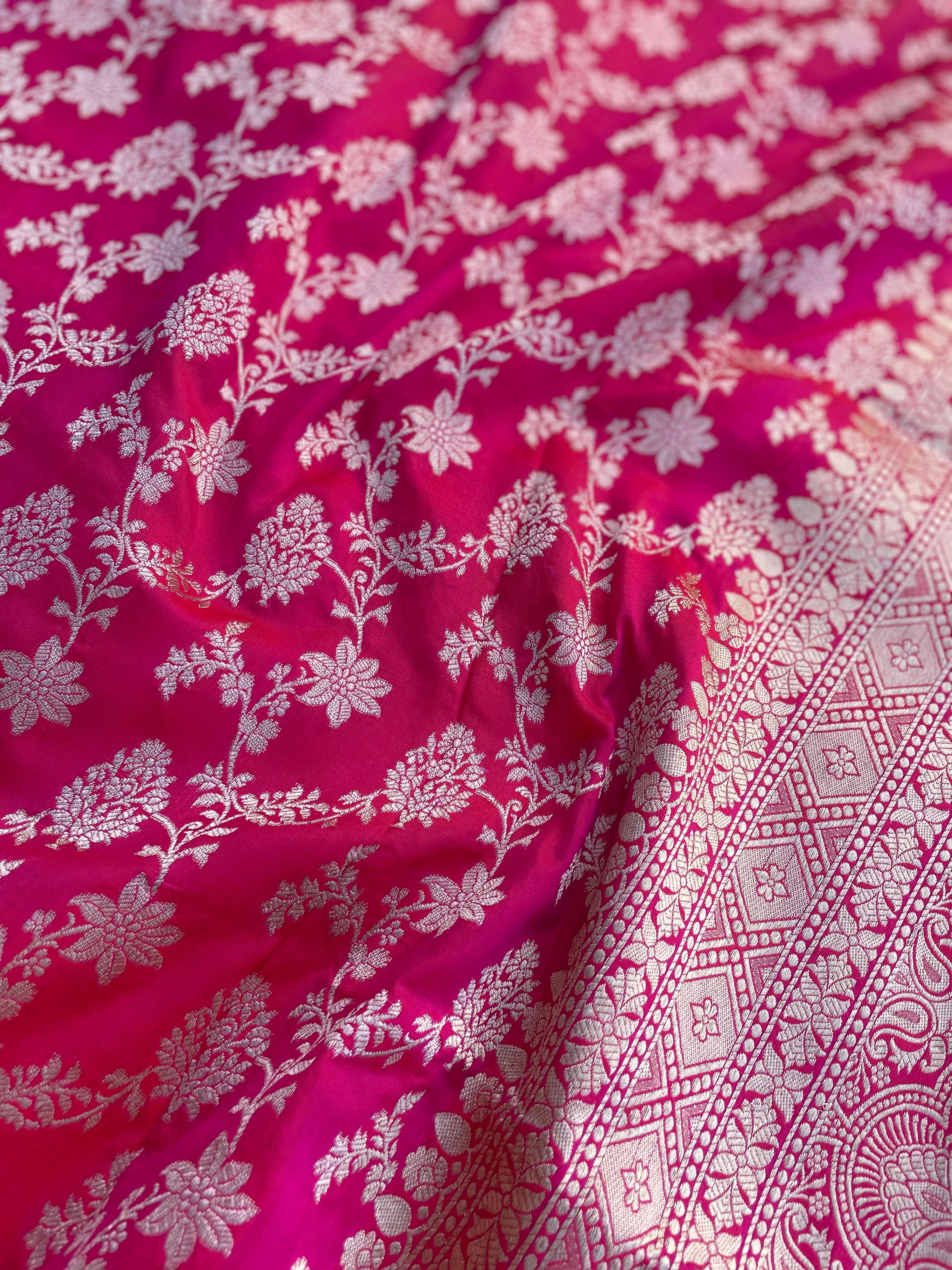 Pink Handloom Banarasi Pure Silk Jangla Saree