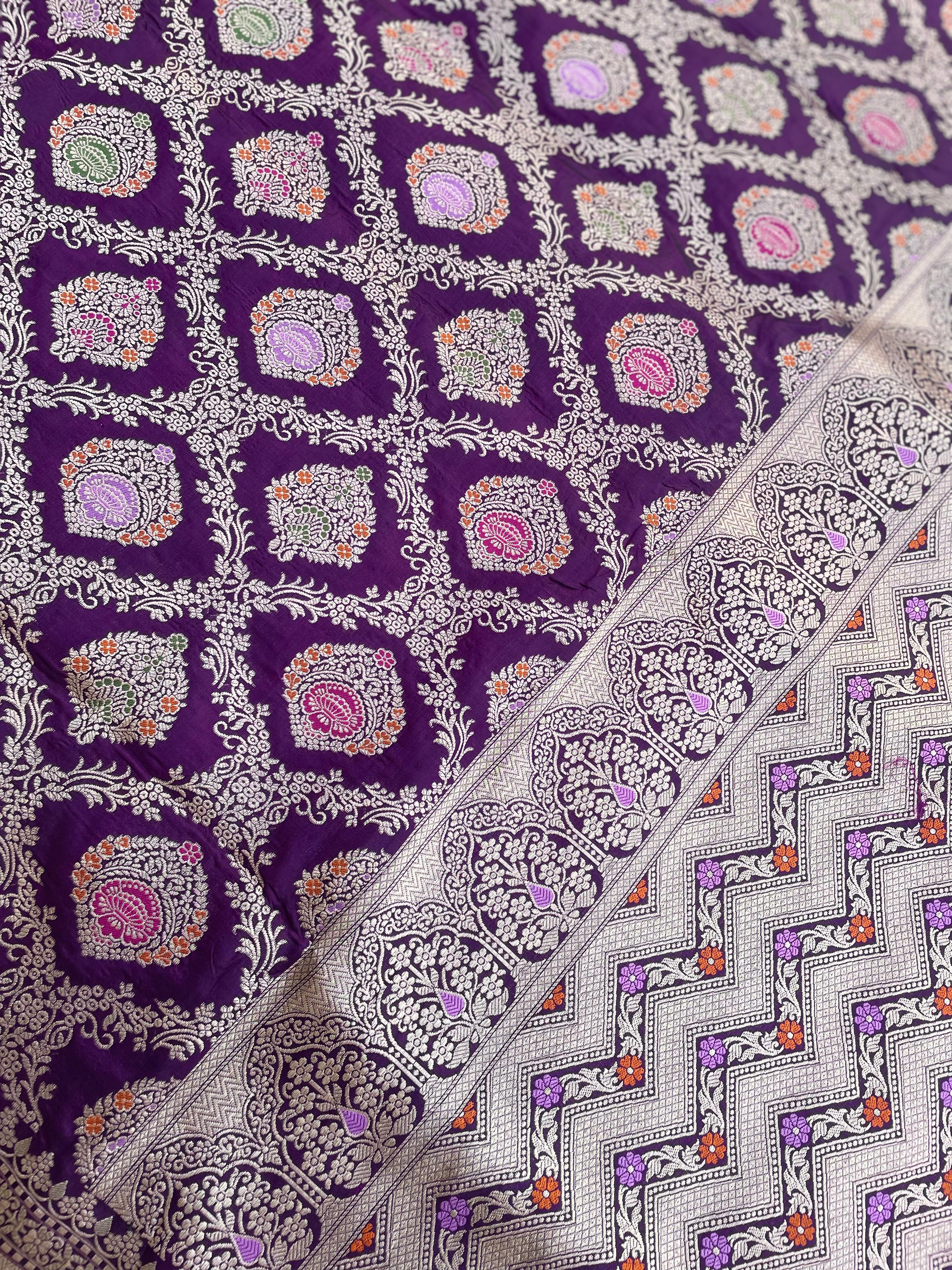 Purple Handloom Banarasi Pure Silk Minakari Jangla Saree