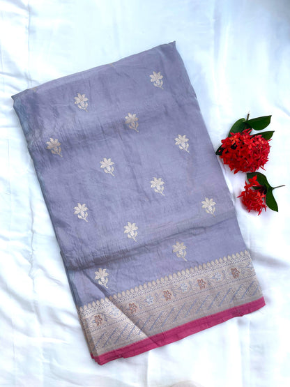 Gray Handloom Banarasi Pure Tissue Silk Kadhua Saree