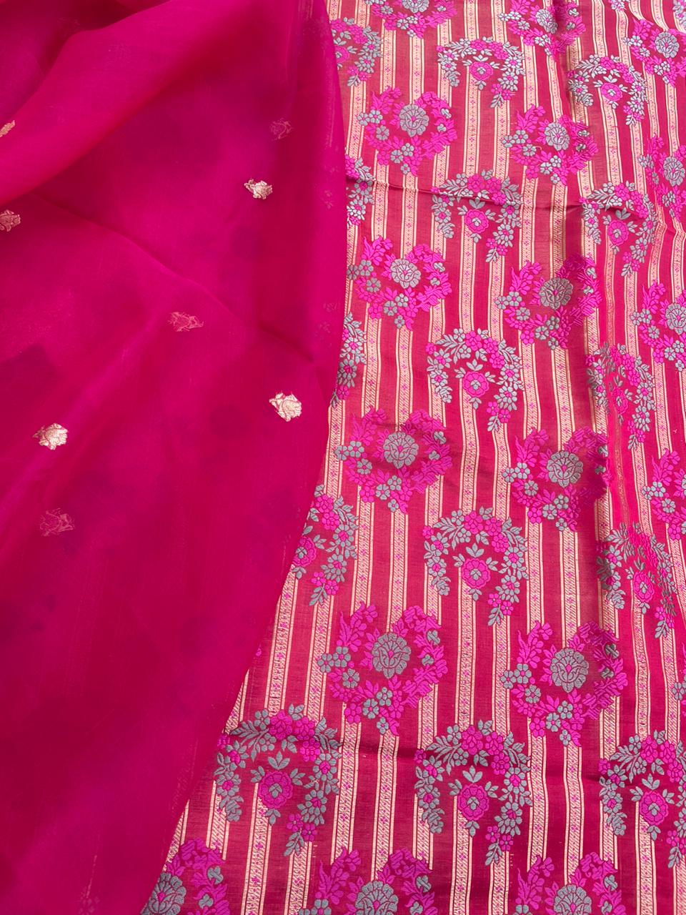 Pink Handwoven Satin Silk Banarasi Suit Fabric