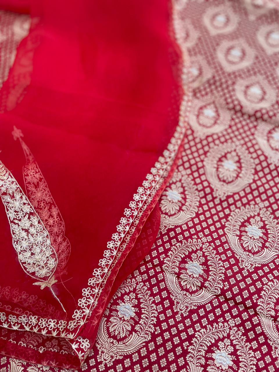 Red Handwoven Silk Banarasi Suit Fabric