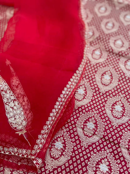 Red Handwoven Silk Banarasi Suit Fabric