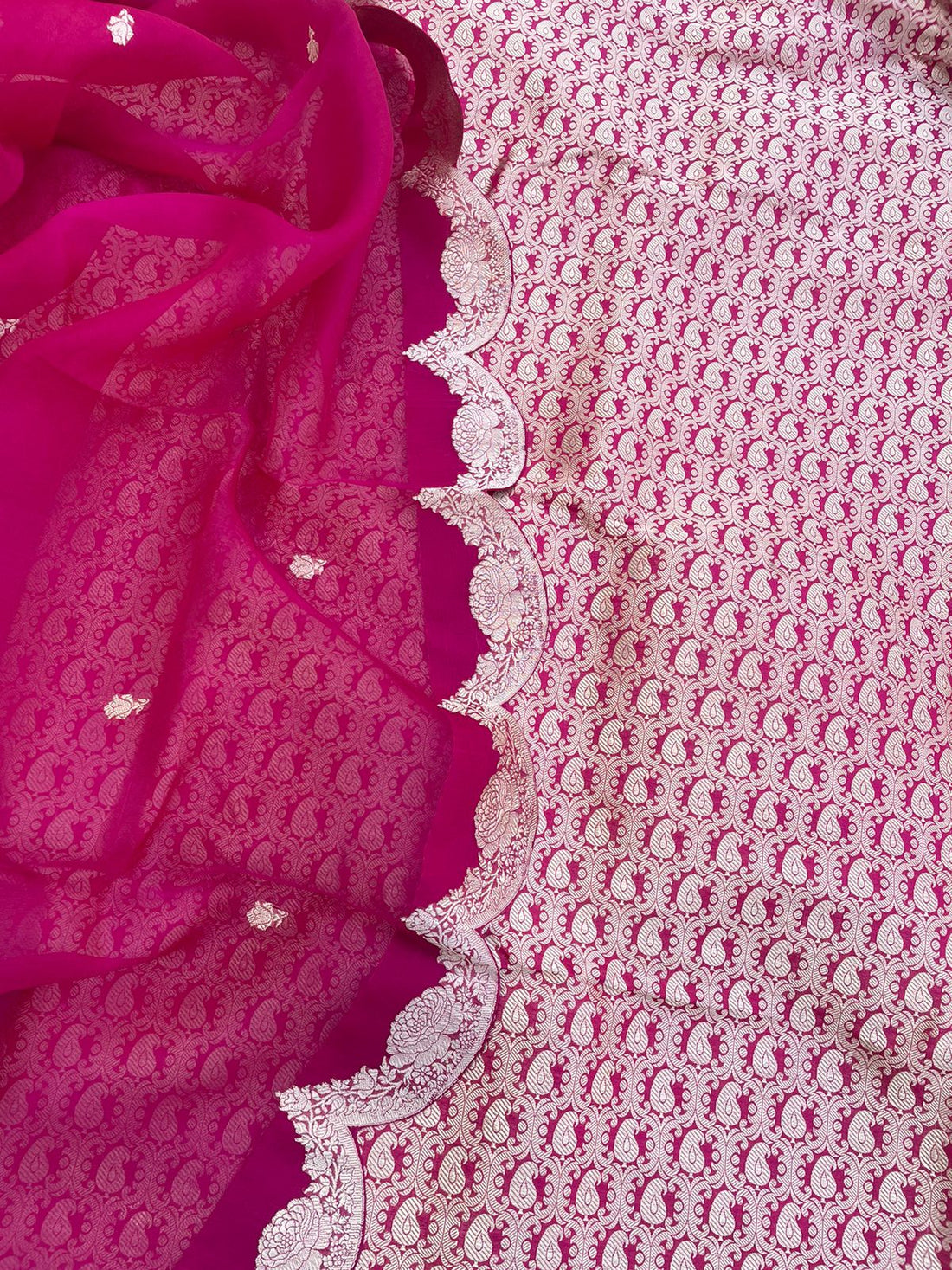 Pink Handwoven Pure Satin Silk Banarasi Suit Fabric with Organza Dupatta