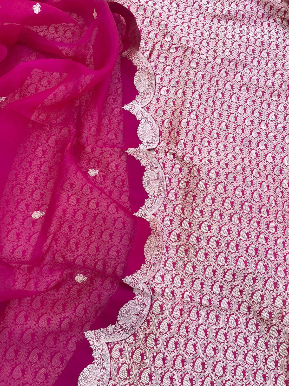 Pink Handwoven Pure Satin Silk Banarasi Suit Fabric with Organza Dupatta