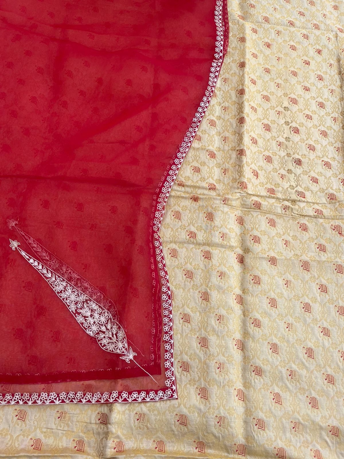 Gold Handwoven Shikargah Banarasi Suit Fabric