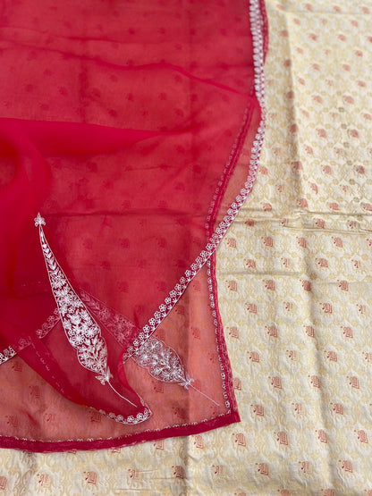 Gold Handwoven Shikargah Banarasi Suit Fabric