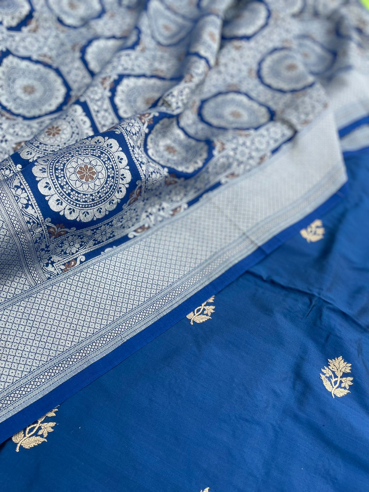 Blue Handwoven Pure Kataan Silk Banarasi Suit Fabric