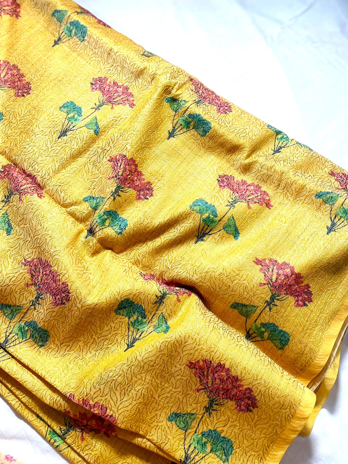 Yellow Digital Printed Self Weave Soft Silk Fabric