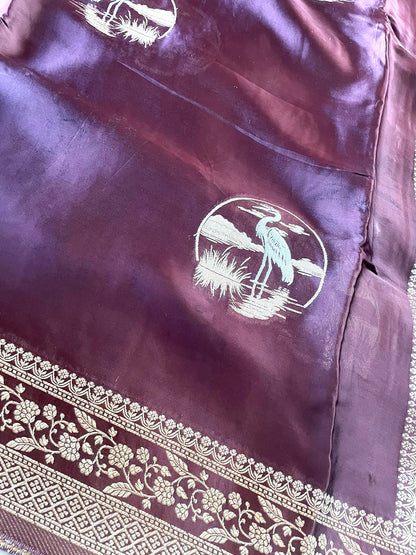 Brown Handwoven Satin Banarasi Saree Shikargah Zari Work